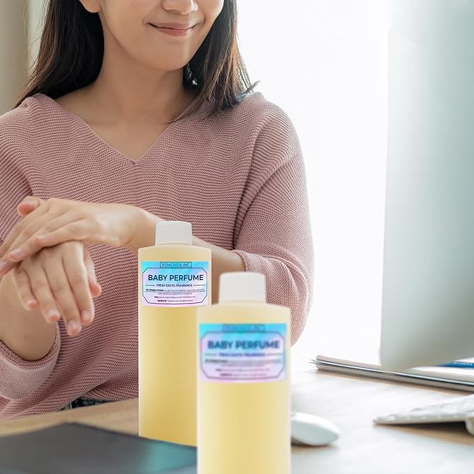 ROMERIZA INC.Baby Essential Fragrance Body Oil – Luxury Unisex Baby Oil Perfume with Long Lasting Baby Powder Scent – Soft Baby Smell, Uncut Perfume Oil, Scented Body Oil for Women & Men – 10 Fl Oz