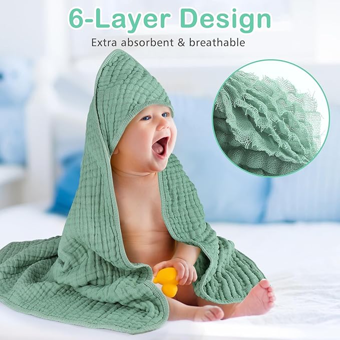 Accmor 2 Pack Hooded Baby Towels, 100% Muslin Cotton Bath Towel for Babies, Newborn, Infant and Toddler, Absorbent Soft Baby Bath Towel with Hood, Boy and Girl Bath Essentials