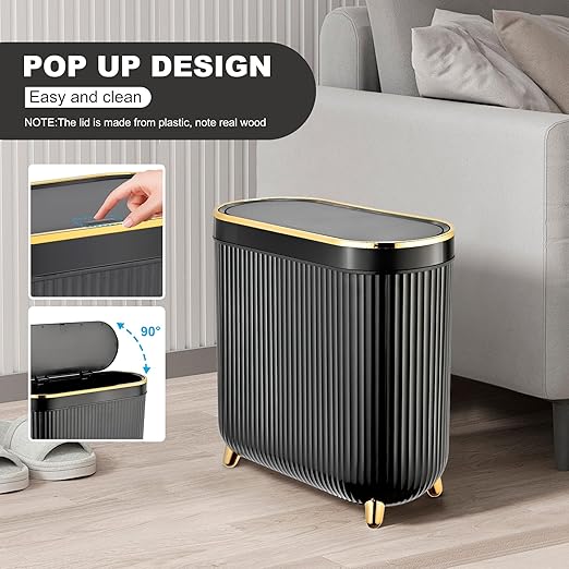 Bathroom Trash Can with Lid 3.1 Gallon Narrow Trash Can Small Plastic Trash Bin 12 Liter Rectangular Plastic Garbage Can with Press Type Lid for Bedroom Bathroom