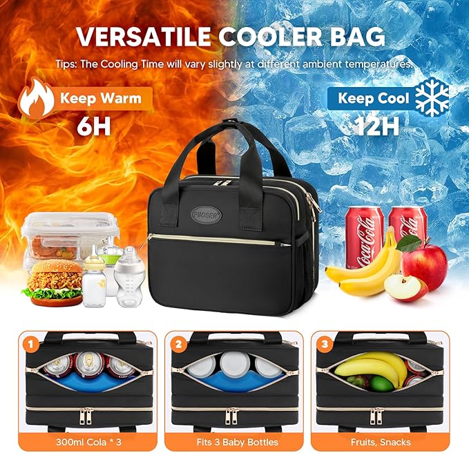 PIIOSER Breastmilk Cooler Bag with Ice Pack, Compatible with Wearable Breast Pumps & Accessories - Portable Pumps Carrying Case for Nursing & Working Moms, Black