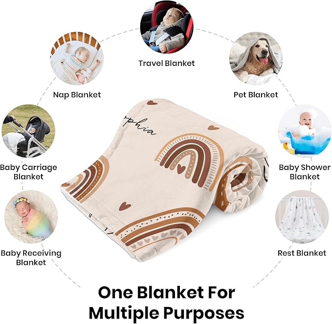 Personalized Baby Blanket with Name, Custom Nursery Blankets with Boho Rainbow, Personalized Gifts for Newborn Infant Baby Girls, Christmas Birthday Shower Gifts for Girl