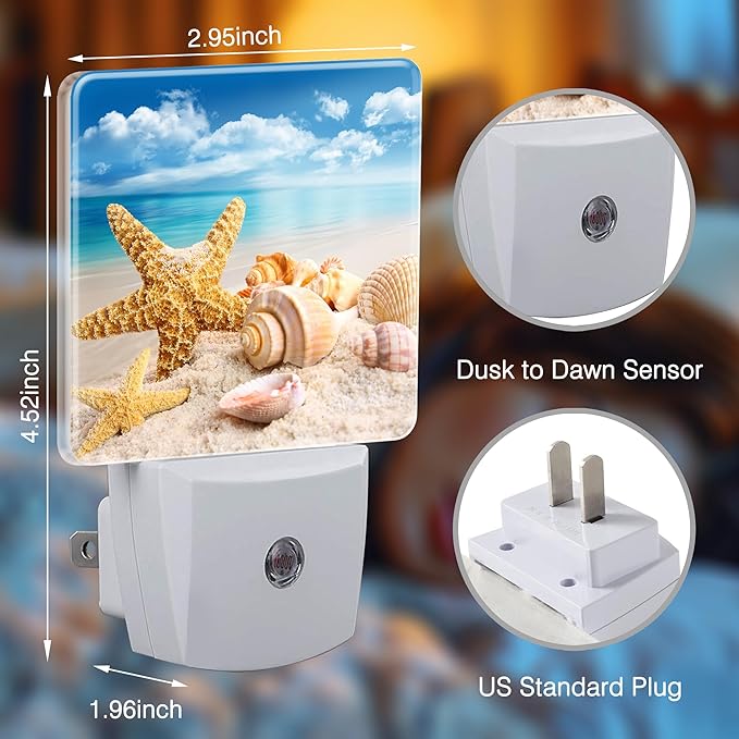 Starfish Seashells Beach Night Lights Plug into Wall for Girls Boys Room, Night Lights LED Lamp with Dusk to Dawn Sensor Nightlight for Bedroom Kitchen Bathroom Hallway Home Wall Decor
