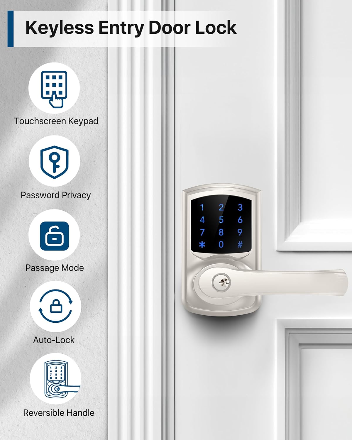 Keyless Entry Door Lock with Keypad and Handle for Front Doors, Touchscreen, Anti-peep Password, Auto-Locking, Satin Nickel 4 Pack