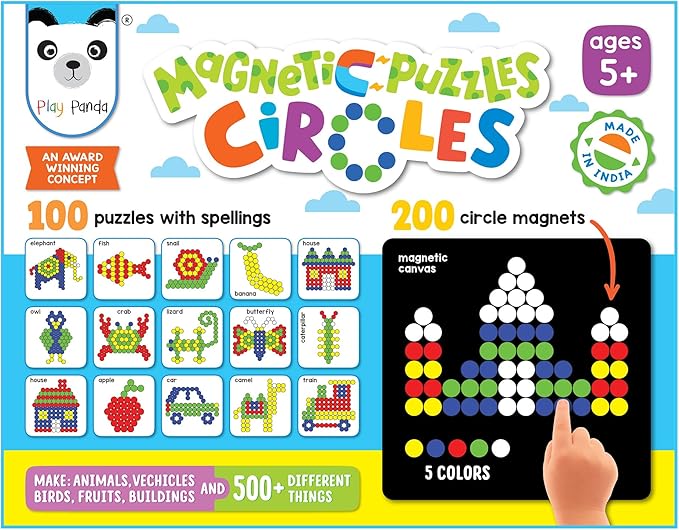Magnetic Puzzle Circles | 100 guided Puzzles | 200 Tangram Puzzle Circles Magnets | Magnetic Board & Display Stand | STEM Educational Toy for Kids Ages 5+ years