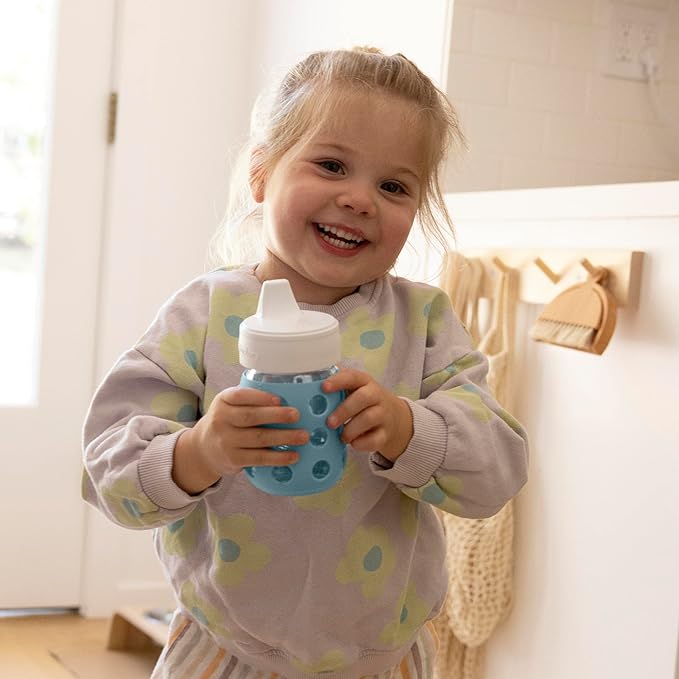 Lifefactory 8-Ounce Wide Neck Glass Baby Bottle with Protective Silicone Sleeve and Hard Sippy Spout, Denim (LG2221WDE4)