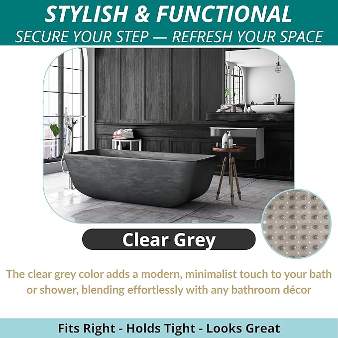 ENKOSI Bathtub Mat – 40 x 16 Inch Extra Long Non Slip Shower Mat – Anti Slip Grey Bath Mat with Suction Cups and Drain Holes – Bathroom Mat for Smooth Tubs and Shower Floors (40x16 Clear Grey)