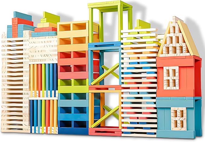 300pcs Open Ended Wooden Building Blocks for Kids 6.6lb, Natural Pine Rectangular Wood Building Toys，Construction Toys for Toddlers, STEM Building Set,Birthday Gift for Ages 3-8 (S 4.7"-Wood Color)