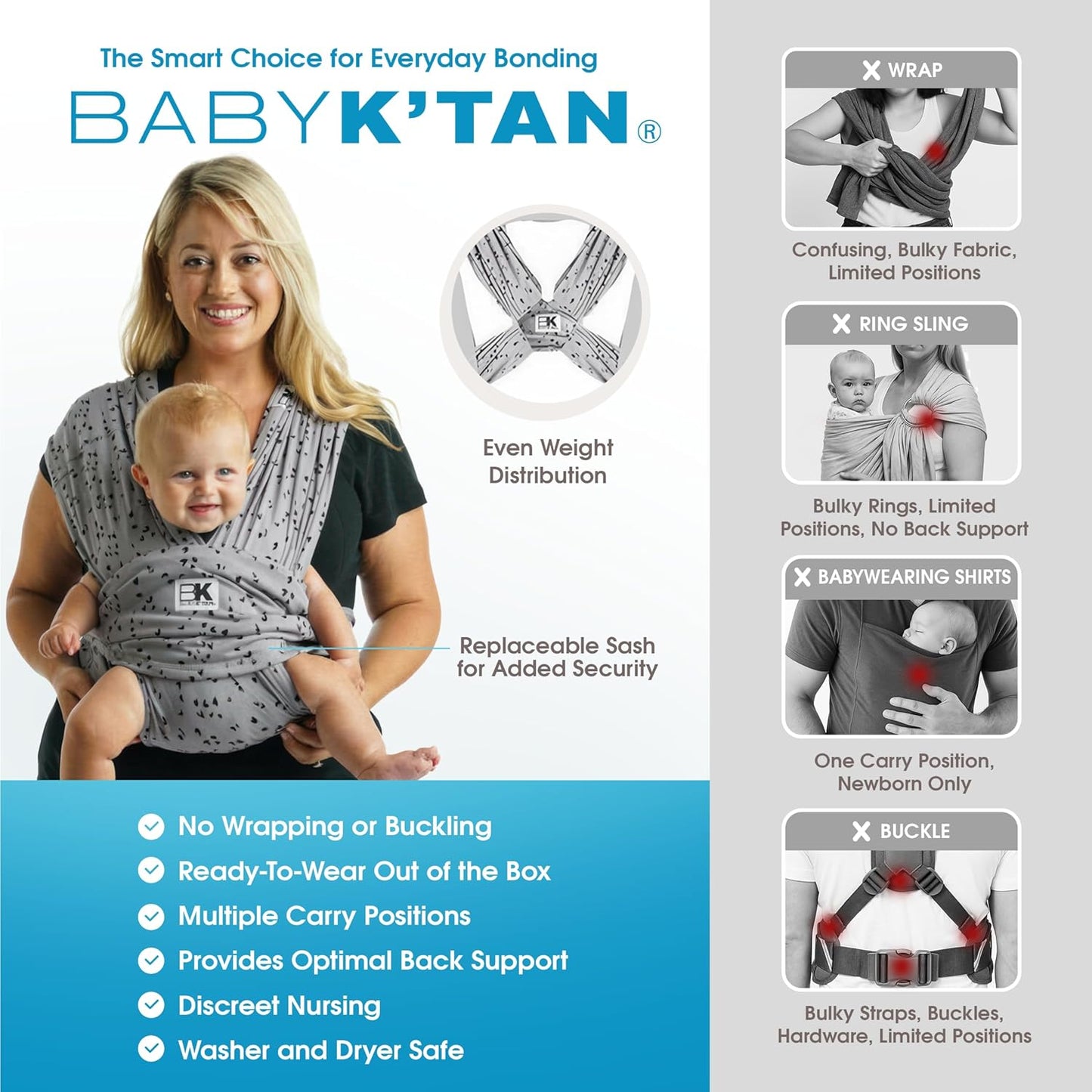 Baby K'tan Baby Wrap Carrier - Pre Wrapped and Simple as 1-2-3, Pillowy Soft, Slip On - Not Like Any Newborn Sling, No Rings, No Tying, No Buckles - Original Sweetheart Grey (Large)