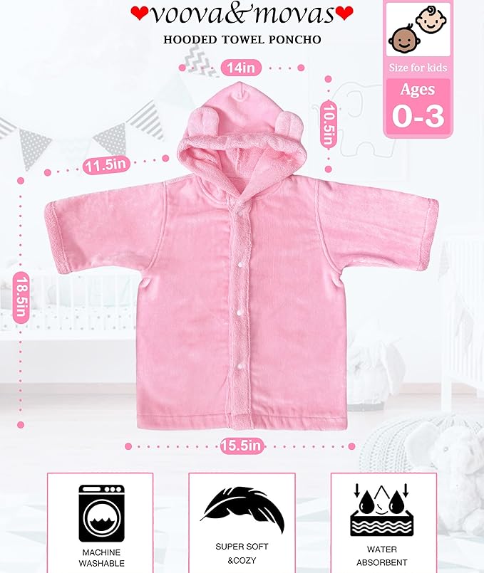 VOOVA & MOVAS Baby Hooded Towel with Bear Ear,0-3Years | 100% Cotton, Ultra-Soft & Absorbent | Gentle for Sensitive Skin, Bath, Pool & Beach Robe | Newborn (Pink)