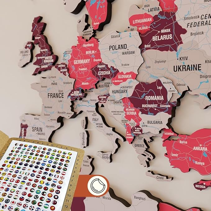 Colorfull Worlds 3D Wooden World Map Wall Art - Premium Multicolored World Travel Map for Wall Decor with Push Pins- Ideal Housewarming Gift & Travel Tracker (Medium, Crimson)