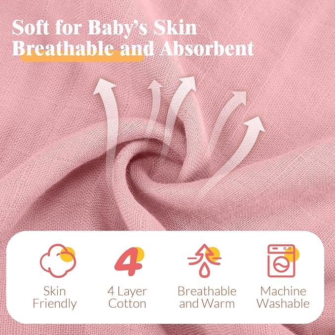 Preboun 6 Pcs Muslin Hooded Baby Towels and Washcloths 32"x 32" Cotton Newborn Bath Towel Anti-Shrink Infant Baby Blankets with Hood 12"x 12" Washcloths for Girl Boy Toddler(Pink,Dark Pink)