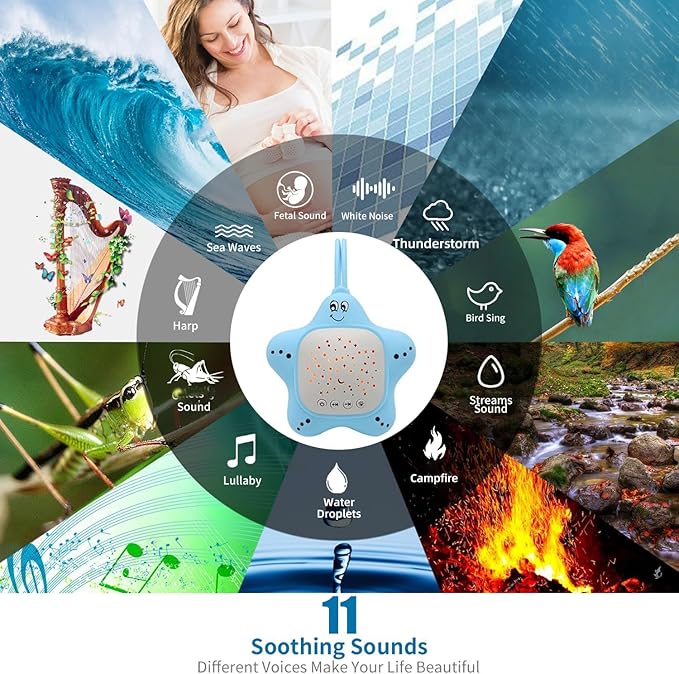 Portable White Noise Machine for Travel | Rechargeable Baby Sleep Aid with Soothing Star Projector & Calming Sound Music, Ideal for Nursery, Car, Crib On-The-Go