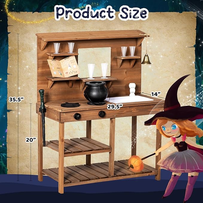 Mud Kitchen Playset for Kids, Wooden Magic Kitchen Set w/Wand, Recipe, Removable Sink, Faucet, Stove, Toddler Outdoor Pretend Play Kitchen, Witch Role Play, Fairy Potion, Gift for Boys Girls