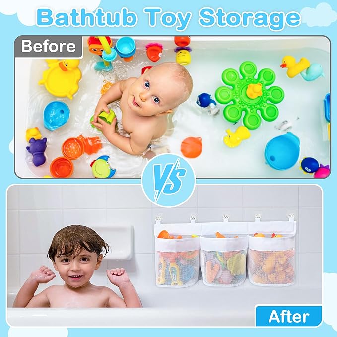 Bathtub Toy Storage, 3 Compartments Bath Toy Holder, Bath Toy Organizer with 5 Hooks Convenient Suspension, Mesh Material Bathtub Toy Storage Keeps Toys Dry & Breathable, Develop Children's Habits
