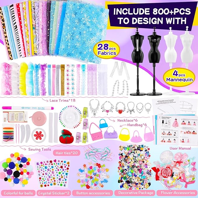 800+PCS Fashion Designer Kits for Girls, Doll Clothes Making Kit with 4 Mannequins, Creativity DIY Arts & Crafts Toys for Kids, Sewing Kit for Girls Aged 6-12+ Birthday Gifts