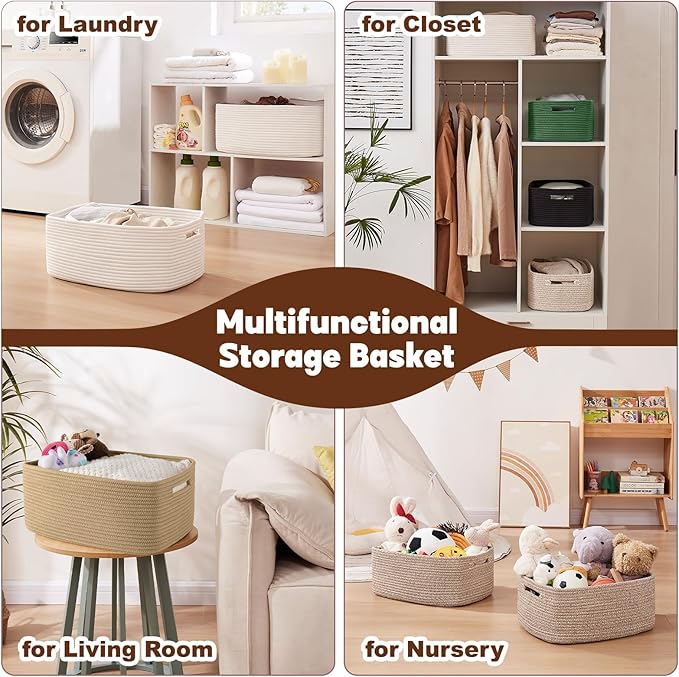 OIAHOMY Storage Basket for Shelves, Closet Cube Storage Bins Baskets for Clothes Blanket Towels, Baby Nursery, Toy Box, Woven Rope Basket, 15.75*11.81*7.09 IN, 2 Packs Brown