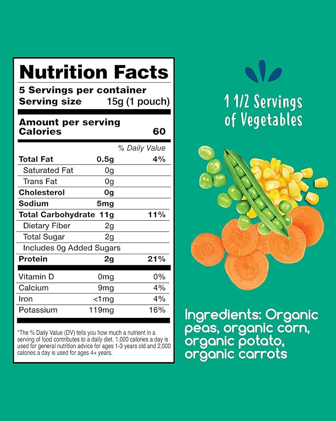 Amara Organic Baby Food - Stage 2 - Peas, Corn & Carrots - Baby Cereal to Mix With Breastmilk, Water or Baby Formula - Shelf Stable Baby Food Pouches Made from 100% Organic Veggies - 10 Pouches, 3.5oz Per Serving