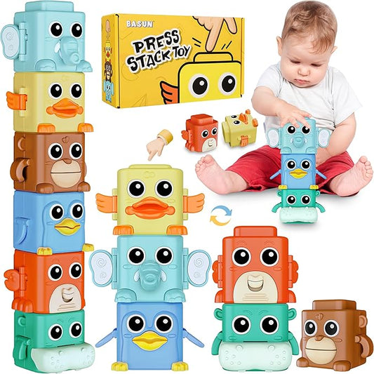 Stacking Toys Set for Toddlers 18+ Months, 6 in 1 Infant Sensory Toys with Changing Expressions, Pressable Animal Stacking Blocks, Christmas Birthday Gifts for 1 2 3 4 Years Old Baby Boys Girls