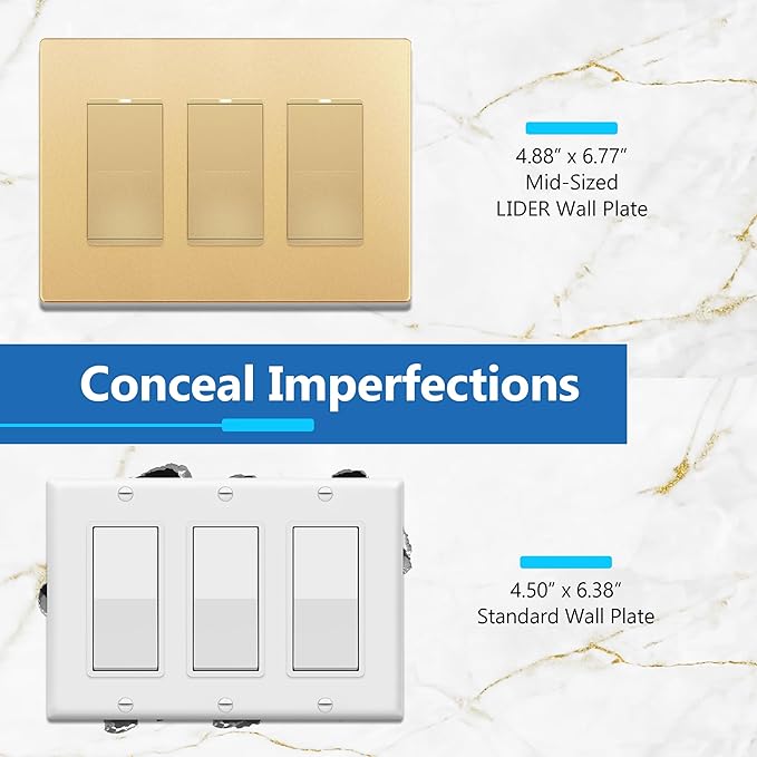 LIDER Matte Finish Decorator Switch Cover, Screwless Wall Plate, Mid-Size 3-Gang 4.88" x 6.77", Unbreakable Polycarbonate Thermoplastic, UL Listed, LSWP-33M-GD, Gold