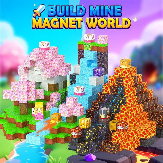 154PCS Magnetic Blocks - Build Mine Magnet World Stacking Cube Toys with Magnet Board, Magnetic Tiles Building Blocks STEM Construction Toys, Sensory Games for Kids Age 3+ Boys Girls Birthday Gift