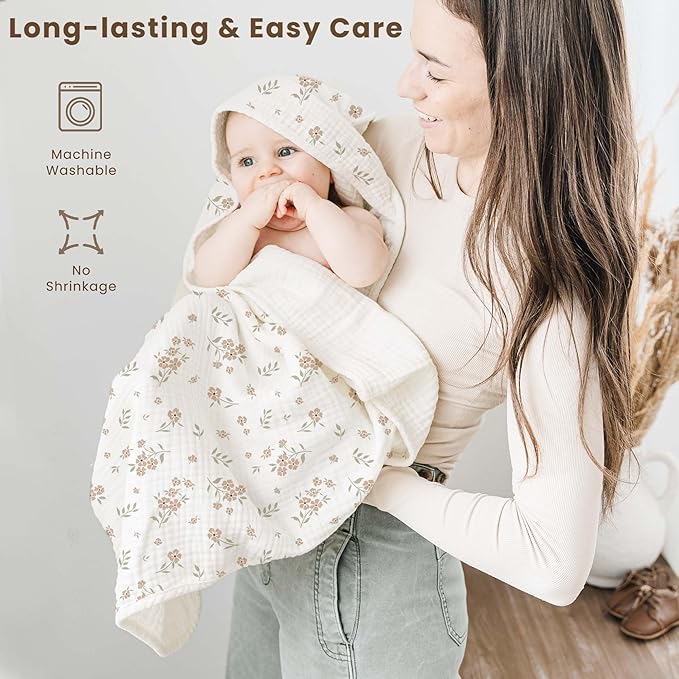 Konssy 2-Pack Muslin Hooded Baby Towels, 100% Cotton, Ultra-Soft & Absorbent Baby Bath Towels with Hood for Newborn & Infant (Cream, Blossom,32" x 32")