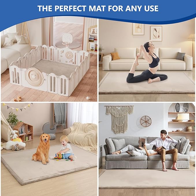 Baby Play Mat for Floor,1.3" Thick Memory foam Tummy Time Mat,Soft Coral Velvet Nursery Rug for Toddlers,Infants,kids,Extra Large Non Slip for Crawling,Yoga,Tatami Style for Living Room(Beige)