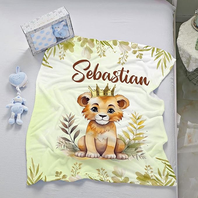 J&SBGFT Custom Baby Boy Lion Blanket with Name,Receiving Blanket for Toddlers Kids Nursery Stroller Crib Cuddles