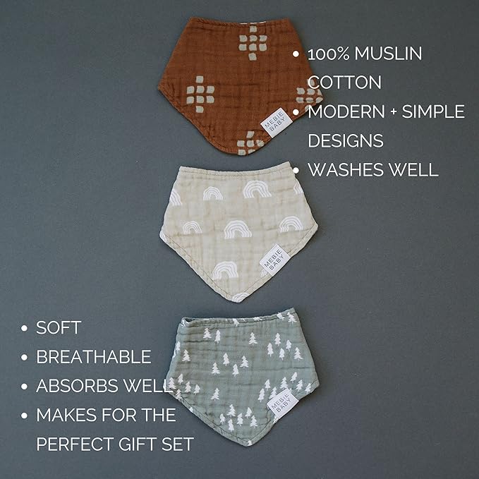 Mebie Baby Muslin Cotton Bib, 3 pack, Baby Bib Set for Burp, Spit Up, Drool, Bandana Bibs for Baby Boy or Baby Girl