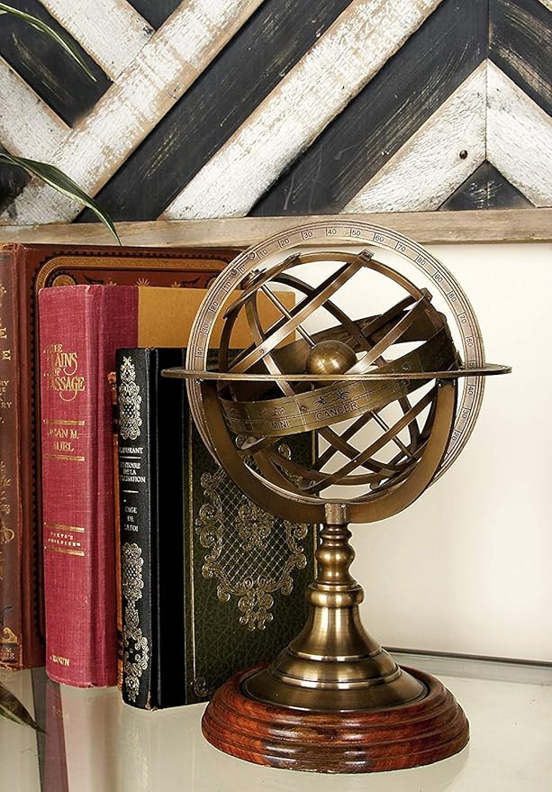 Nagina International Vintage Zodiac Armillary Brass Sphere Globe Wooden Display | Pirate's Antique Ship Decor (Small, Brass)