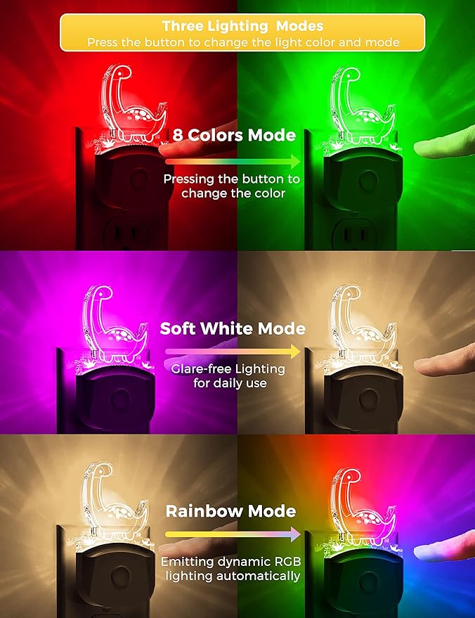 L LOHAS LED Dinosaur Night Light Plug in, Kids Night Light for Boys[2 Pack], Dusk to Dawn Sensor, 3 Lighting Modes, Color Changing Nightlights, Nursery & Bedroom Decor Gift