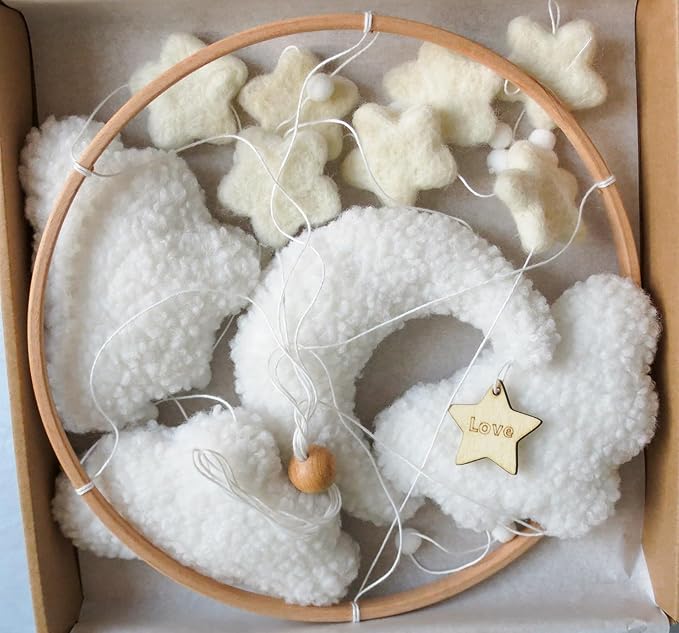 Boho Cloud Moon Crib Mobile Boho Baby Mobile for Crib Neutral Clouds, Moon & Stars Design Nursery Mobile for Boys & Girls