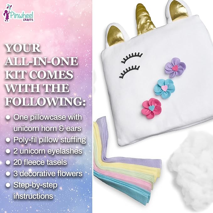 Pinwheel Crafts Unicorn Pillow Kit - DIY Arts and Crafts for Kids Ages 6 7 8-12+ Years, No Sewing Kit for Kids, Unicorn White Pillow Craft Kits for Birthday, Christmas Gifts for Girls