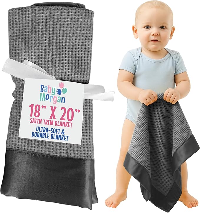 Thermal Waffle Knit Baby Blanket - Soft Breathable Mini Blanket for Newborns and Infants - Toddler Blankey for Strollers, Travel, Naptime, Nursery and More - 18" x 20" (Gray, Satin Trim)
