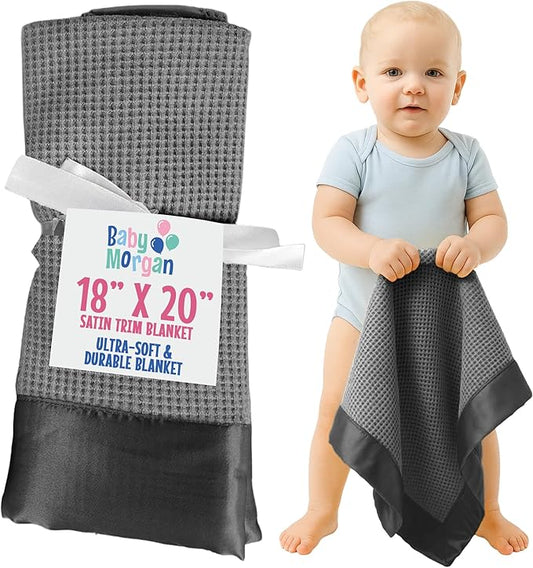 Thermal Waffle Knit Baby Blanket - Soft Breathable Mini Blanket for Newborns and Infants - Toddler Blankey for Strollers, Travel, Naptime, Nursery and More - 18" x 20" (Gray, Satin Trim)