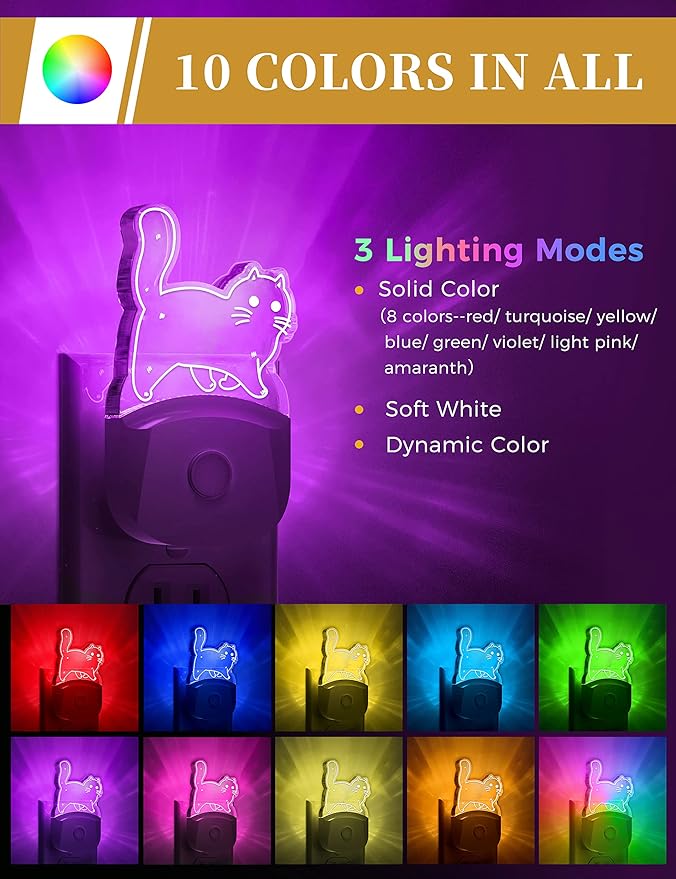 DORESshop Cat Night Light [2 Pack], Kids Night Light with 8-Color RGB, Plug in, Dusk-to-Dawn Sensor, Rainbow LED Baby Night Light for Bathroom, Cute Room Decor,Boys Girls Gift