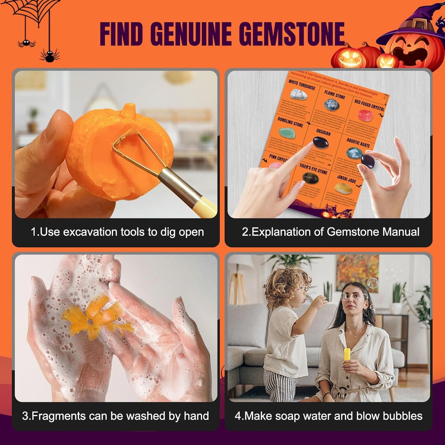 Thanksgiving Gifts for Kids, 3 Pumpkin Orange Bath Soap with Gemstone Inside Dig It Up Kit Halloween Toys Boys Girls Ages 4-5-6-7-8-12 Explore Mining Discover Science Gems Crystal