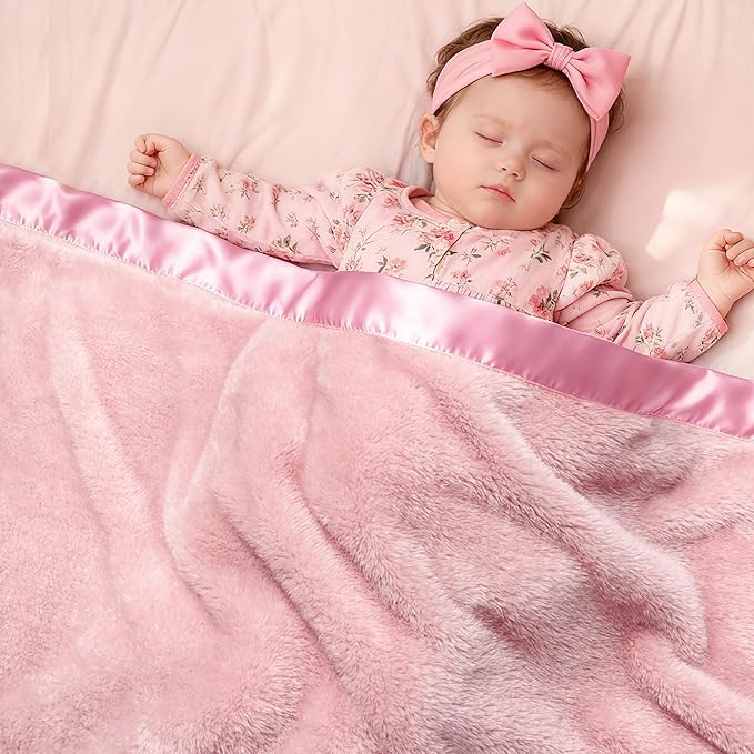 Pro Goleem Fleece Baby Blankets for Girls with 2 Inch Satin Trim, Super Soft Plush Receiving Blanket for Infant Toddler Newborn, Cozy 30x40 Inch Crib & Stroller Blanket (Pink)