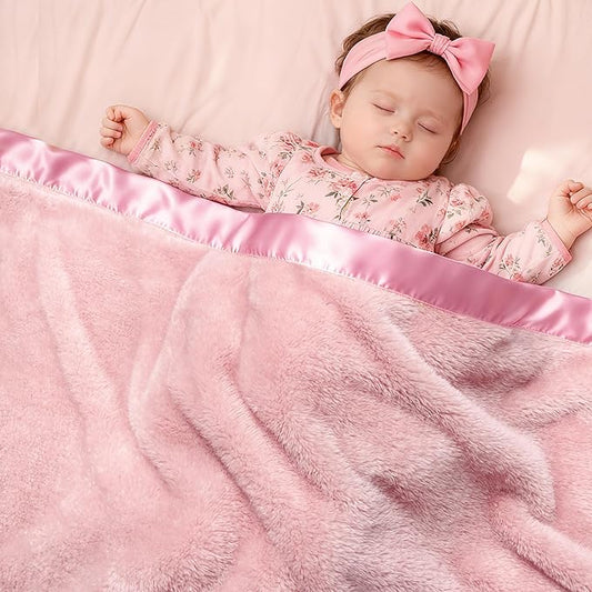 Pro Goleem Fleece Baby Blankets for Girls with 2 Inch Satin Trim, Super Soft Plush Receiving Blanket for Infant Toddler Newborn, Cozy 30x40 Inch Crib & Stroller Blanket (Pink)