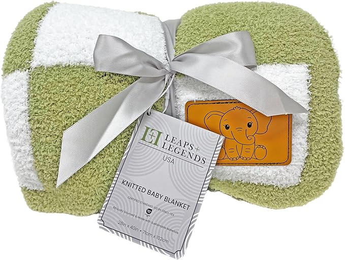 Checkered Baby Blanket 28"x40" - DreamSoft Knit Throw for Crib, Stroller or Car Seat - Soft Receiving Blanket/Newborn Nursery Gift Essential for Toddler, Infant, Kids, Boys & Girls (Sage Green/White)