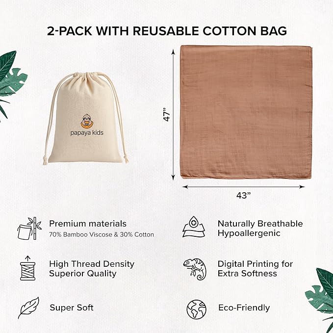 Muslin Swaddle Blankets for Newborns, Ivory White & Beige 2-Pack – Soft Viscose derived from Bamboo & Cotton Baby Blankets, 47x43, Breathable Receiving Blankets, Giftable Neutral Set