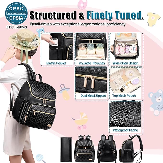 Weitars Diaper Bag Backpack Leather Baby Diaper Bag with Changing Pad Travel Diaper Backpack,Baby Bag for Mom,Stroller Straps,5 Insulated Pockets (Black Leather)