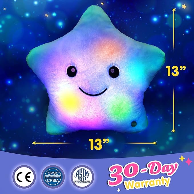 WEWILL 13'' Creative Twinkle Star Glowing LED Night Light Plush Pillows Stuffed Animals Toys Birthday Christmas Holiday Valentines Gifts for Toddlers Girls(Blue)