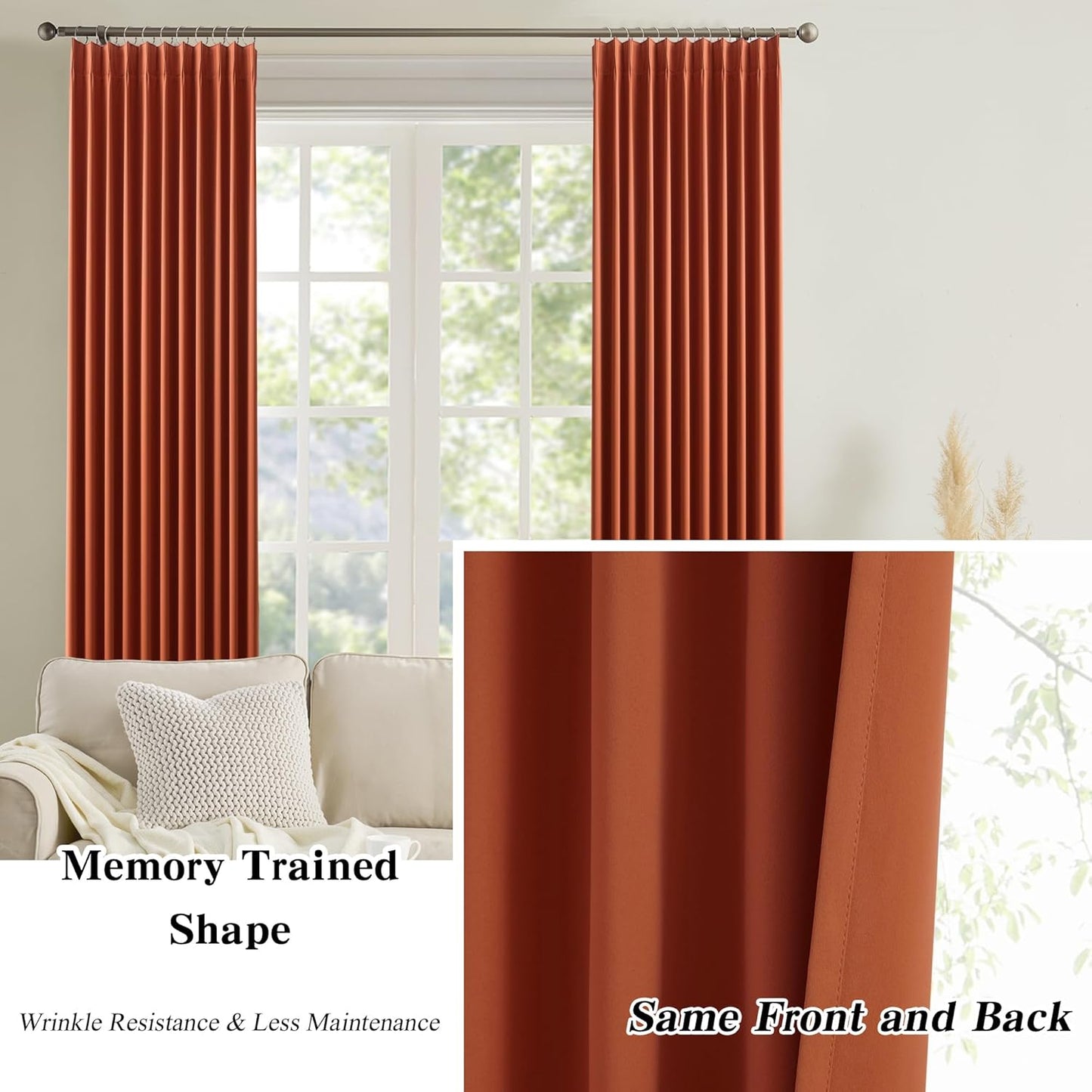 KEQIAOSUOCAI Extra Long Pinch Pleated Curtains 120 Inches Long 2 Panels Set, Pleat with Hooks, Thermal Insulated Blackout Window Drapes Rustic Curtain for Bedroom 40x120,Burnt Orange