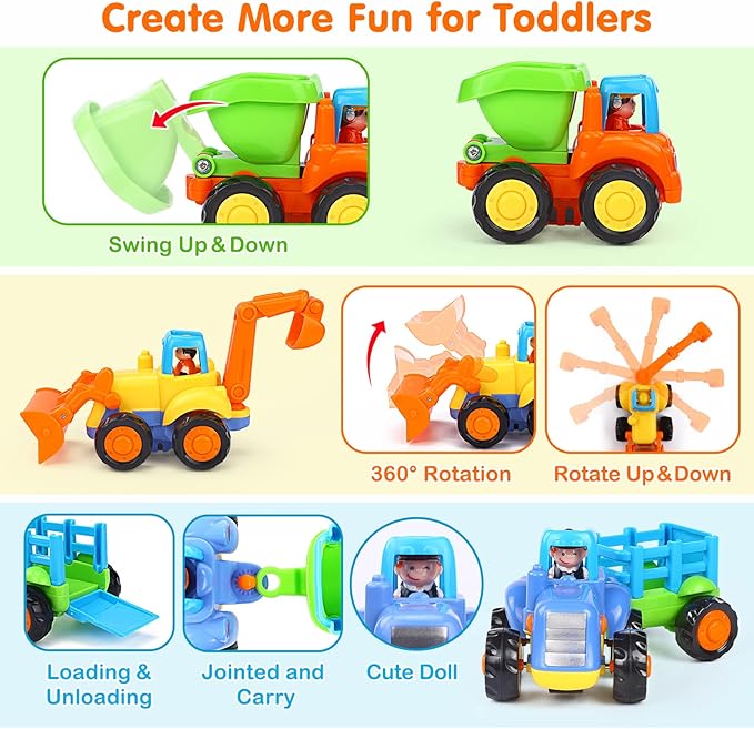 Inertia Toy Early Educational Toddler Baby Toy Friction Powered Cars Push and Go Cars Tractor Bulldozer Dumper Cement Mixer Engineering Vehicles Toys for Children Boys Girls Kids Gift 4PCS