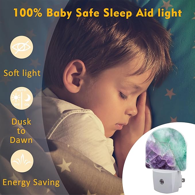 Purple Green Fluorite Marble Night Light, Luxury Rock Gemstone Dusk to Dawn Night Light Plug in,0.5w Energy Saving Sleep Friendly NightLight for Kids Boys Girls Home Decor