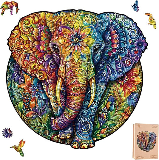 Wooden Jigsaw Puzzle for Adults - Mandala Elephant Unique Animal Shaped, 13.3x13.2in, 300 Pieces, Zen Art, Challenging and Fun Gift