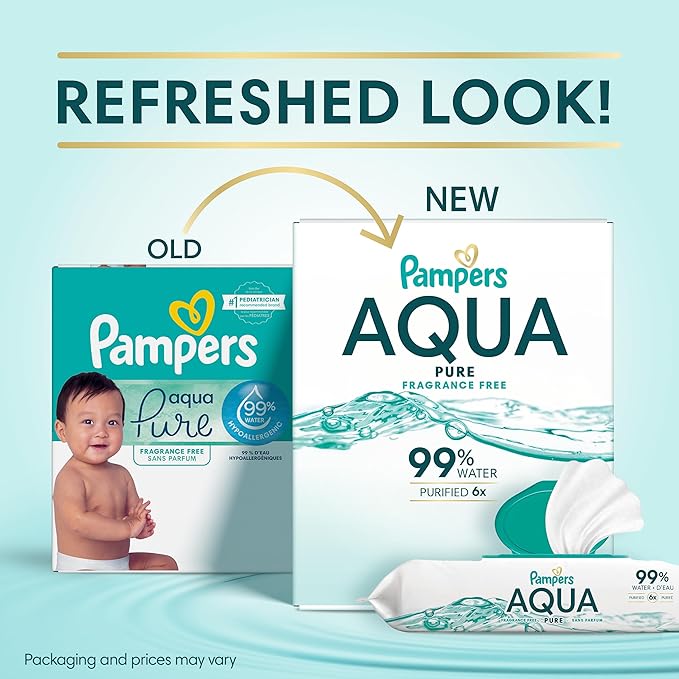 Pampers Aqua Pure Baby Wipes, 99% Water, Fragrance Free, 336 Baby Wipes Total (6X Flip-Top Packs) [Packaging May Vary]