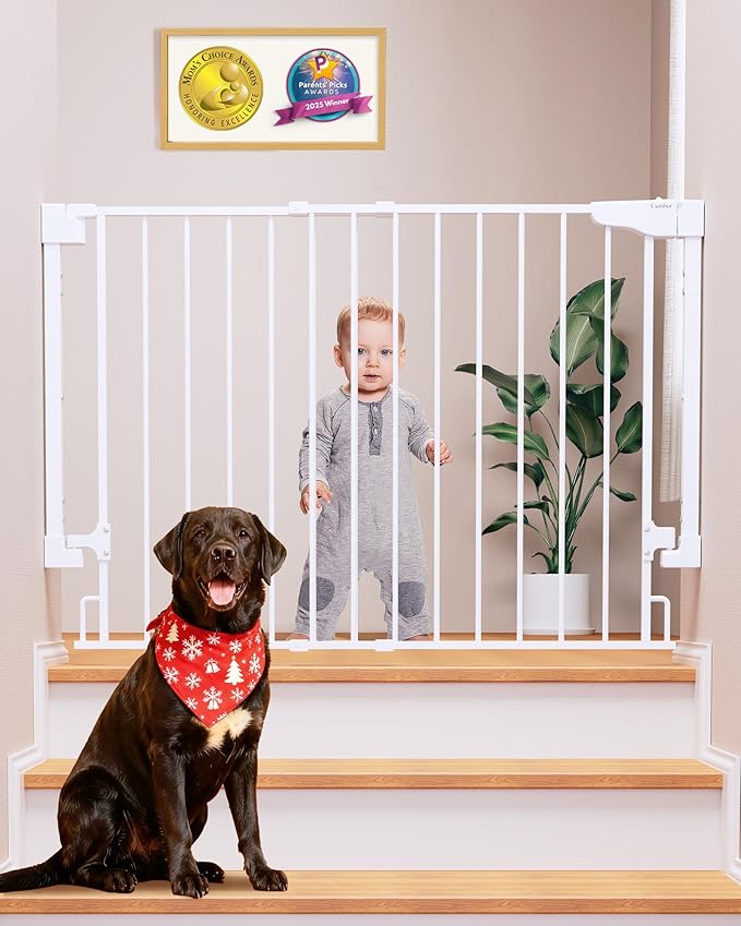 Cumbor 29.2–43" Baby Gate for Stairs, Wall-Mounted (Drill Required), Expandable No Bottom Bar Dog Gate, Auto Close Extra Wide Walk Thru, Pet & Toddler Proof Gate, Top & Bottom of Stairways (White)