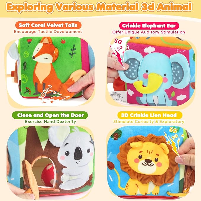 Baby Tissue Box Toy - Baby Toys 6-12 Months Montessori Toys for 6 Month Old with Squeaking Toy Cat, Rattle, Silk Scarves, Safety Mirror, for 1 Year Old - Boy Girl Gifts for Babies 6 9 12 18 Months Old