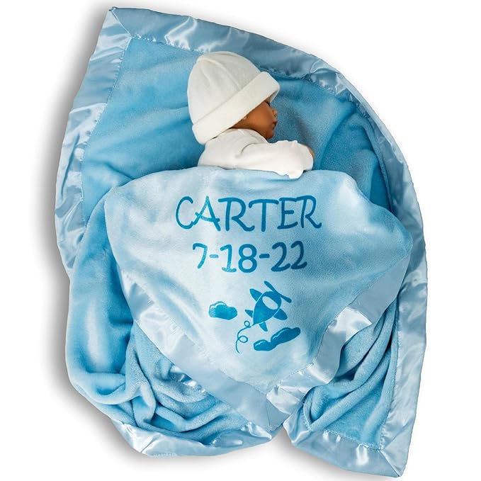 Custom Catch Ships Next Day from Vermont - Personalized Airplane Baby Blanket - Boy Name Gift - Blue or Pink (2 Text Lines)